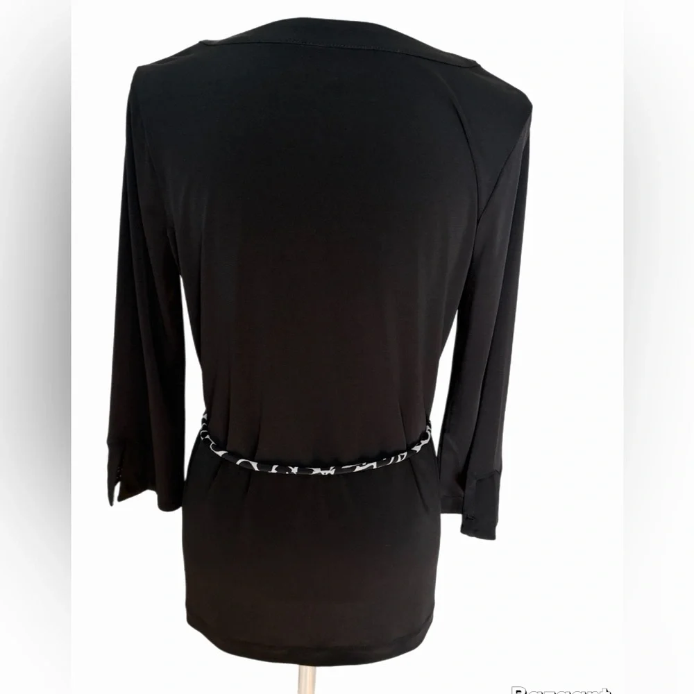 Dana Buchman Black Tunic Top Small Animal Print Trim Tie Waist 3/4 Sleeve Blouse - Picture 4 of 7